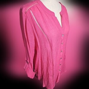 Pink Button-Up Long Sleeve Rayon Blend Women's Top Blouse Lg